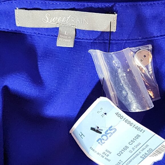 Sweet Rain Blue SS V Neck Poly Silver Button Shoulder Peplum Midi Dress Jr Sz L - Picture 15 of 16